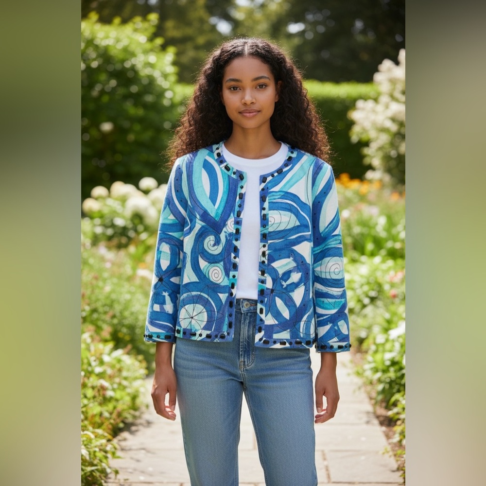 Sigrid Olsen Blue and White Artistic Blazer